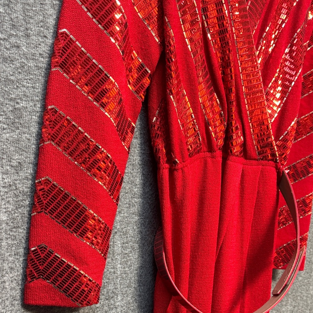 St. John by Marie Gray Red Sequin Long Sleeve Sweater Dress - Picture 8 of 8